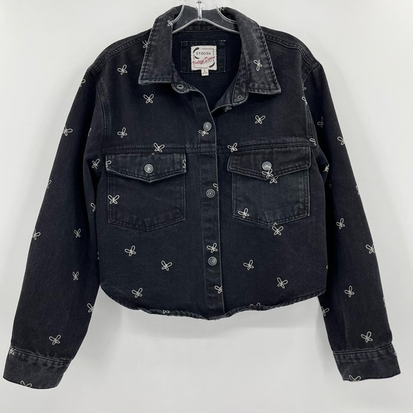 Stoosh Vintage Denim Black Butterfly Print Cropped Jean Jacket Size Large - Picture 2 of 8